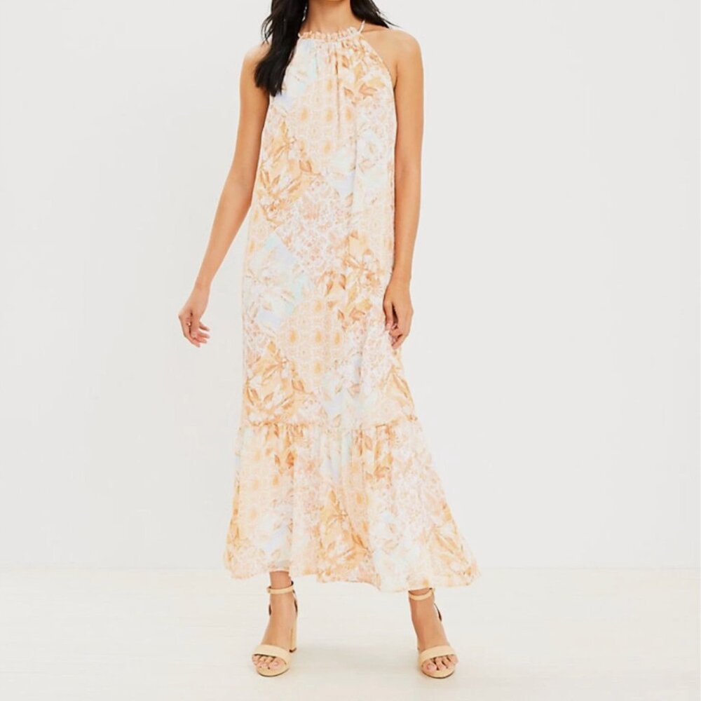 Loft Women Maxi Dress Halter Patchwork Palm Floral Print Flounce Hem Small NWT